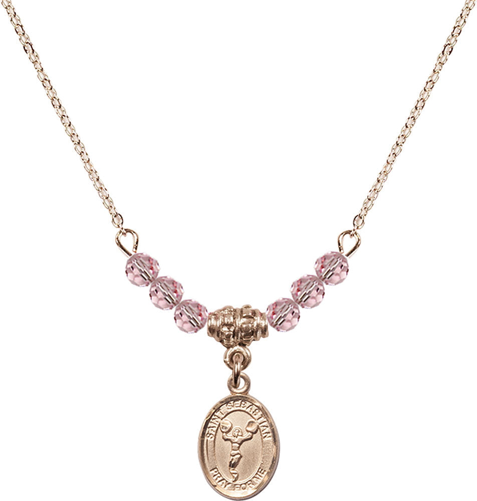 14kt Gold Filled Saint Sebastian/Cheerleading Birthstone Necklace with Light Rose Beads - 9170