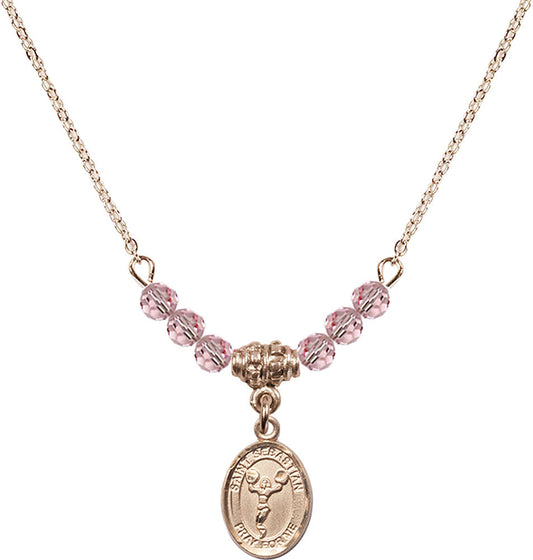 14kt Gold Filled Saint Sebastian/Cheerleading Birthstone Necklace with Light Rose Beads - 9170