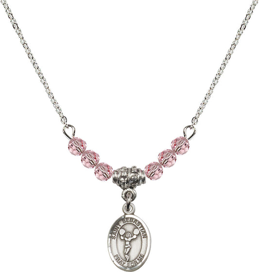 Sterling Silver Saint Sebastian/Cheerleading Birthstone Necklace with Light Rose Beads - 9170