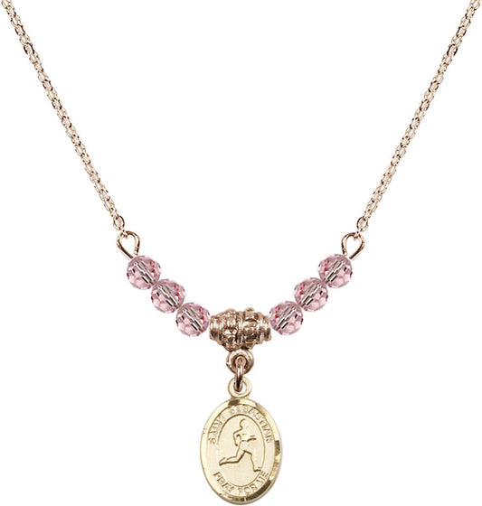 14kt Gold Filled Saint Sebastian/Track & Field Birthstone Necklace with Light Rose Beads - 9176