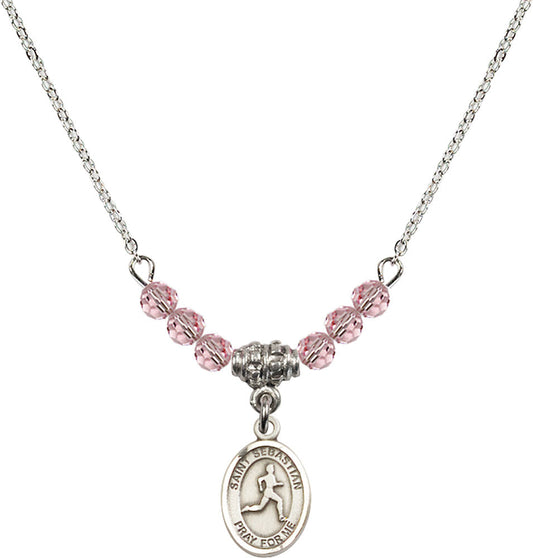 Sterling Silver Saint Sebastian/Track & Field Birthstone Necklace with Light Rose Beads - 9176
