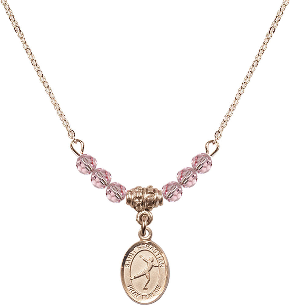 14kt Gold Filled Saint Sebastian/Figure Skating Birthstone Necklace with Light Rose Beads - 9177