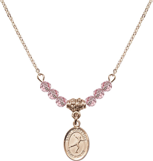 14kt Gold Filled Saint Sebastian/Figure Skating Birthstone Necklace with Light Rose Beads - 9177