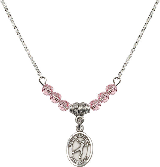 Sterling Silver Saint Sebastian/Figure Skating Birthstone Necklace with Light Rose Beads - 9177