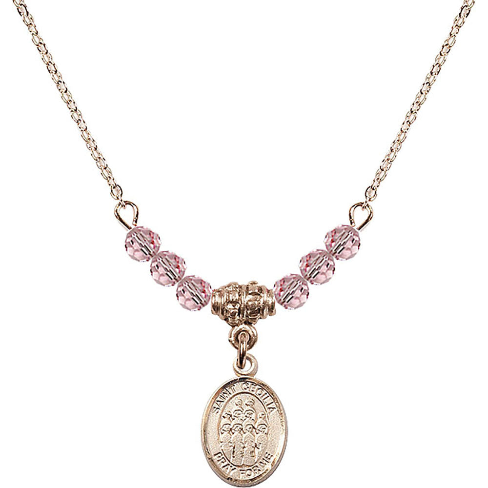 14kt Gold Filled Saint Cecilia / Choir Birthstone Necklace with Light Rose Beads - 9180