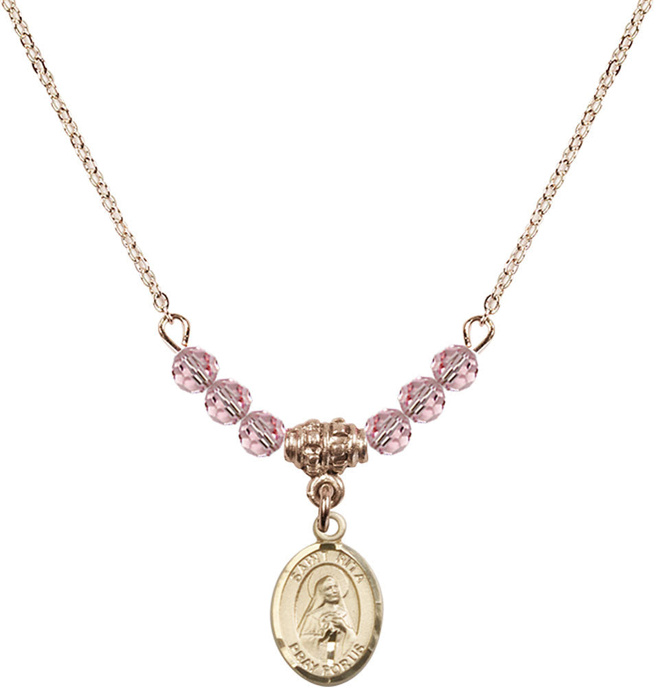 14kt Gold Filled Saint Rita / Baseball Birthstone Necklace with Light Rose Beads - 9181