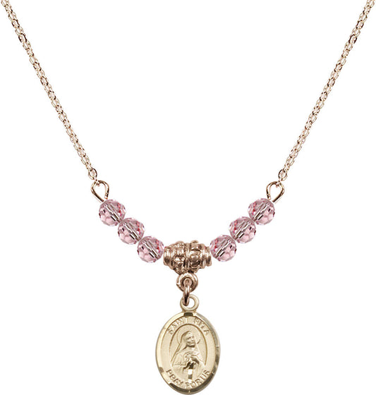 14kt Gold Filled Saint Rita / Baseball Birthstone Necklace with Light Rose Beads - 9181