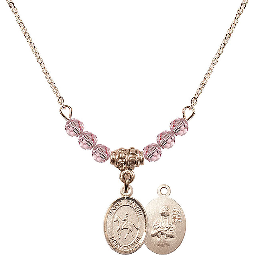 14kt Gold Filled Saint Kateri/Equestrian Birthstone Necklace with Light Rose Beads - 9182