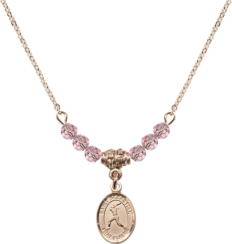 14kt Gold Filled Saint Sebastian/Softball Birthstone Necklace with Light Rose Beads - 9183