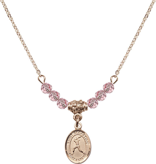 14kt Gold Filled Saint Sebastian/Softball Birthstone Necklace with Light Rose Beads - 9183