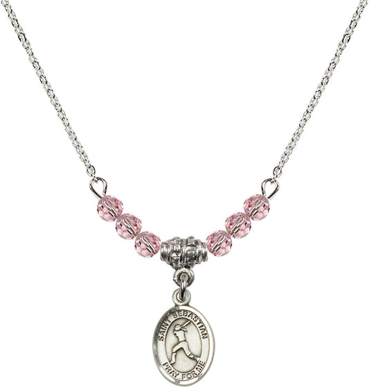 Sterling Silver Saint Sebastian/Softball Birthstone Necklace with Light Rose Beads - 9183