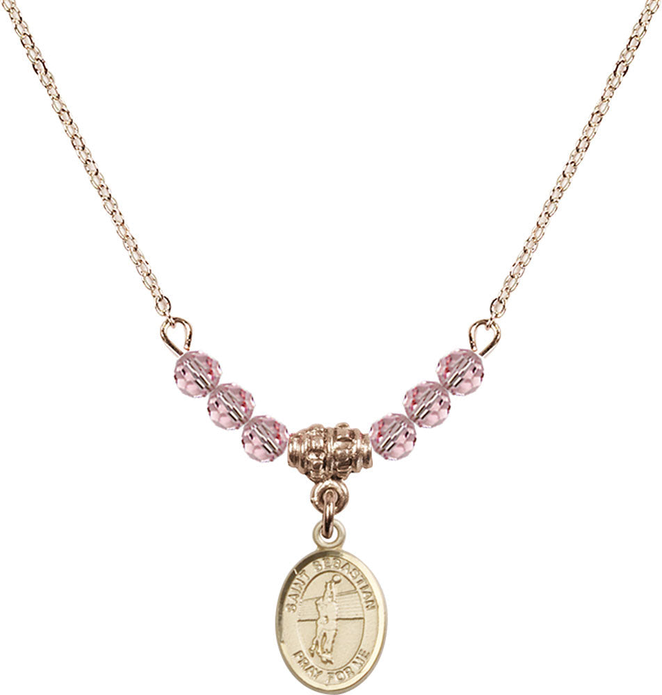 14kt Gold Filled Saint Sebastian / Volleyball Birthstone Necklace with Light Rose Beads - 9186