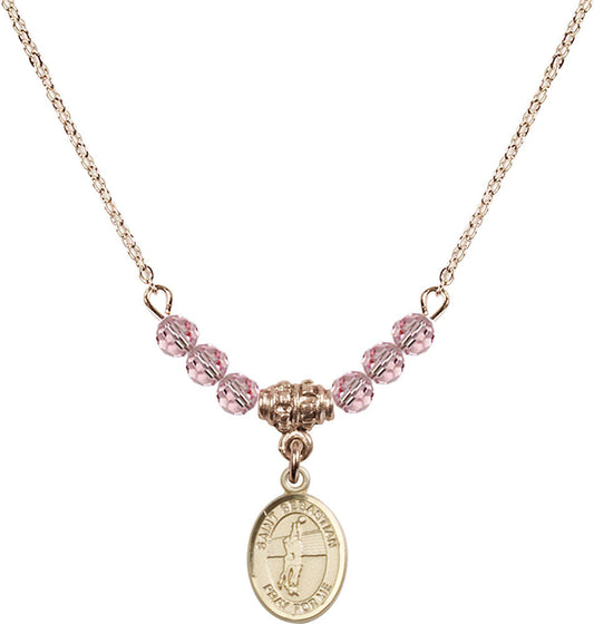 14kt Gold Filled Saint Sebastian / Volleyball Birthstone Necklace with Light Rose Beads - 9186