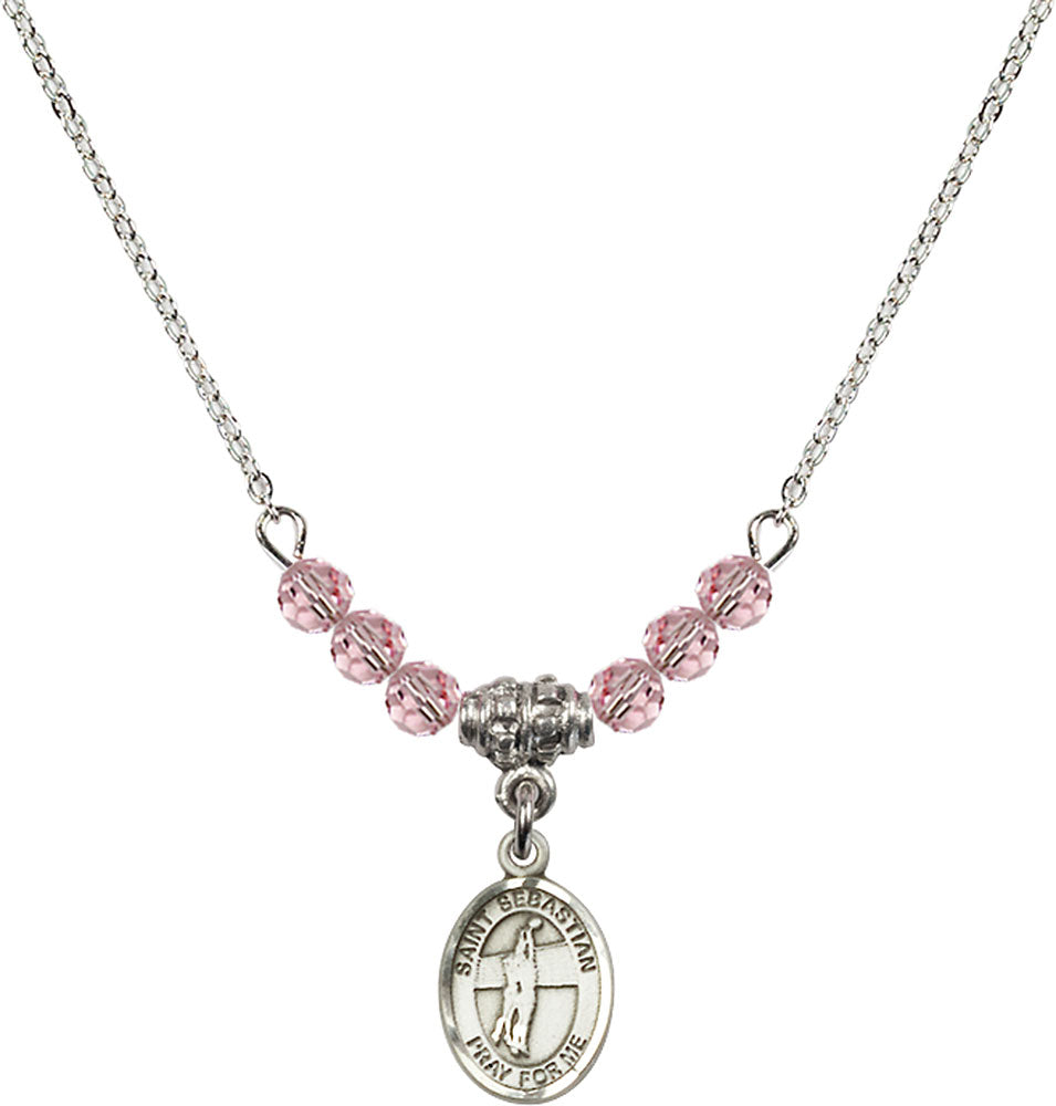 Sterling Silver Saint Sebastian / Volleyball Birthstone Necklace with Light Rose Beads - 9186