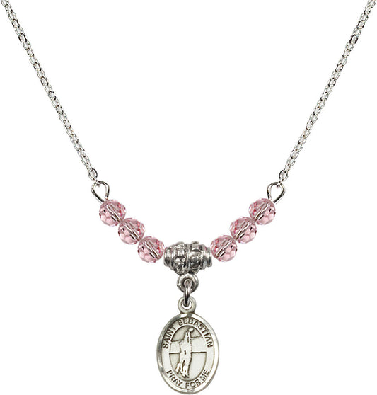 Sterling Silver Saint Sebastian / Volleyball Birthstone Necklace with Light Rose Beads - 9186