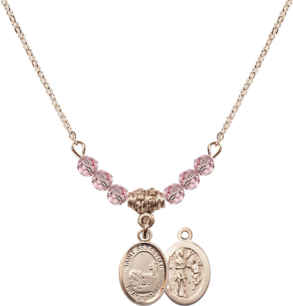 14kt Gold Filled Saint Sebastian / Fishing Birthstone Necklace with Light Rose Beads - 9188