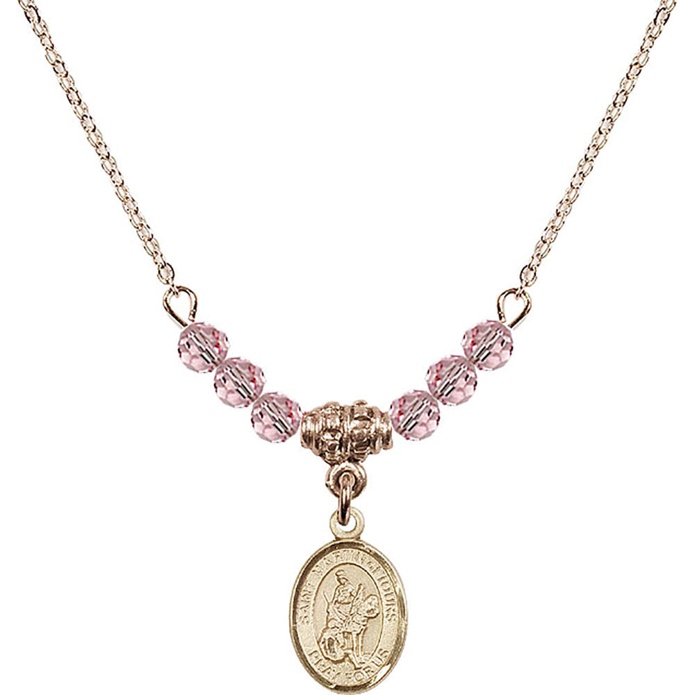 14kt Gold Filled Saint Martin of Tours Birthstone Necklace with Light Rose Beads - 9200