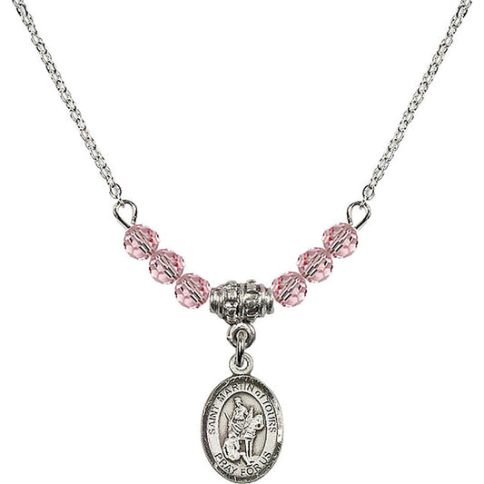 Sterling Silver Saint Martin of Tours Birthstone Necklace with Light Rose Beads - 9200