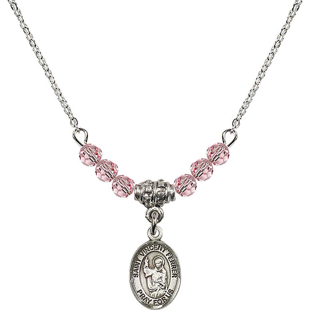 Sterling Silver Saint Vincent Ferrer Birthstone Necklace with Light Rose Beads - 9201