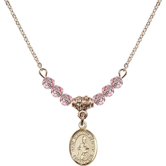 14kt Gold Filled Saint Augustine of Hippo Birthstone Necklace with Light Rose Beads - 9202