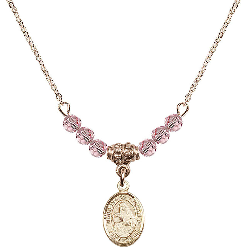14kt Gold Filled Madonna del Ghisallo Birthstone Necklace with Light Rose Beads - 9203