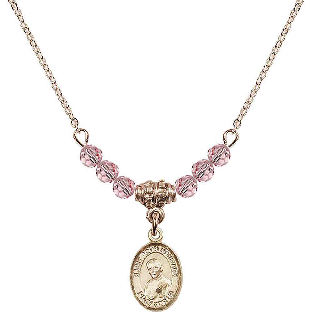 14kt Gold Filled Saint John Neumann Birthstone Necklace with Light Rose Beads - 9204