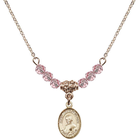 14kt Gold Filled Saint John Neumann Birthstone Necklace with Light Rose Beads - 9204