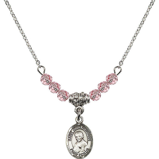 Sterling Silver Saint John Neumann Birthstone Necklace with Light Rose Beads - 9204