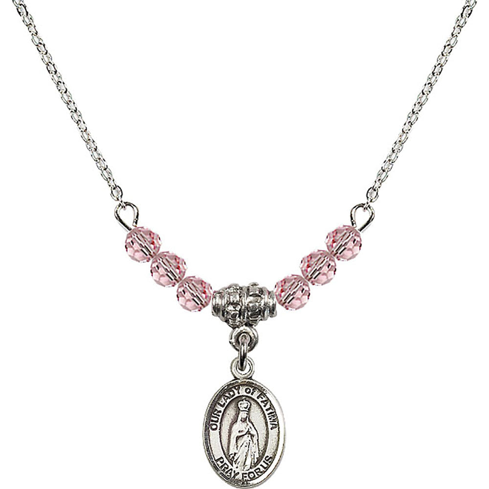 Sterling Silver Our Lady of Fatima Birthstone Necklace with Light Rose Beads - 9205