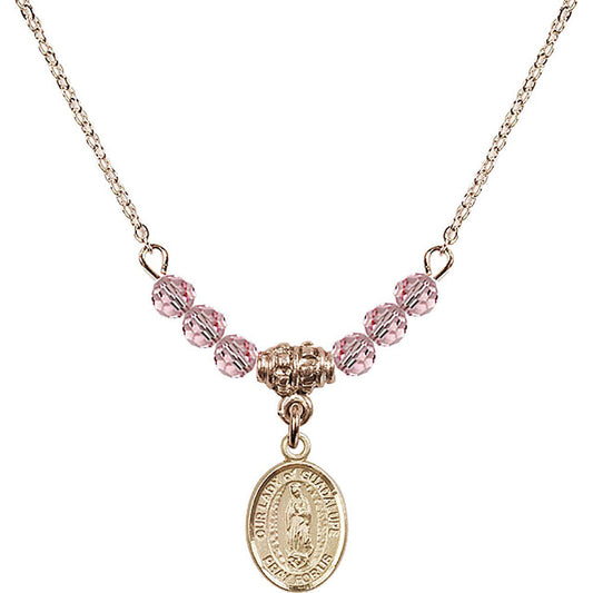 14kt Gold Filled Our Lady of Guadalupe Birthstone Necklace with Light Rose Beads - 9206