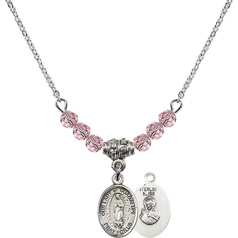 Sterling Silver Our Lady of Guadalupe Birthstone Necklace with Light Rose Beads - 9206