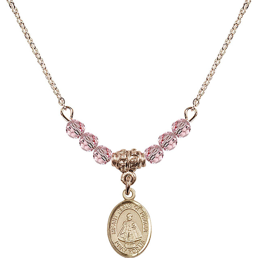 14kt Gold Filled Infant of Prague Birthstone Necklace with Light Rose Beads - 9207