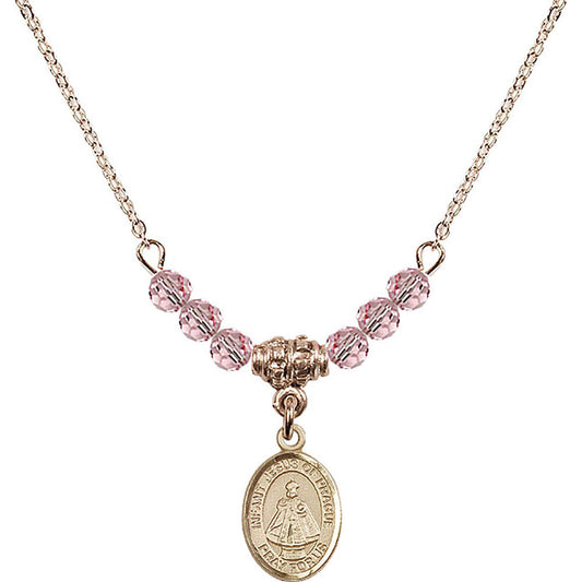 14kt Gold Filled Infant of Prague Birthstone Necklace with Light Rose Beads - 9207