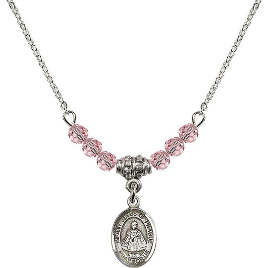 Sterling Silver Infant of Prague Birthstone Necklace with Light Rose Beads - 9207