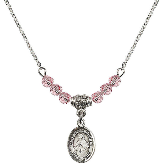 Sterling Silver Saint Maria Goretti Birthstone Necklace with Light Rose Beads - 9208