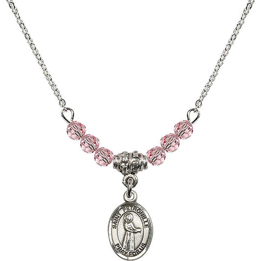 Sterling Silver Saint Petronille Birthstone Necklace with Light Rose Beads - 9209