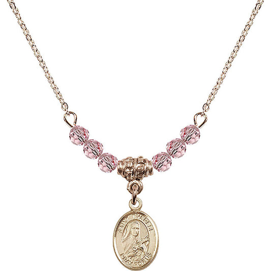 14kt Gold Filled Saint Therese of Lisieux Birthstone Necklace with Light Rose Beads - 9210