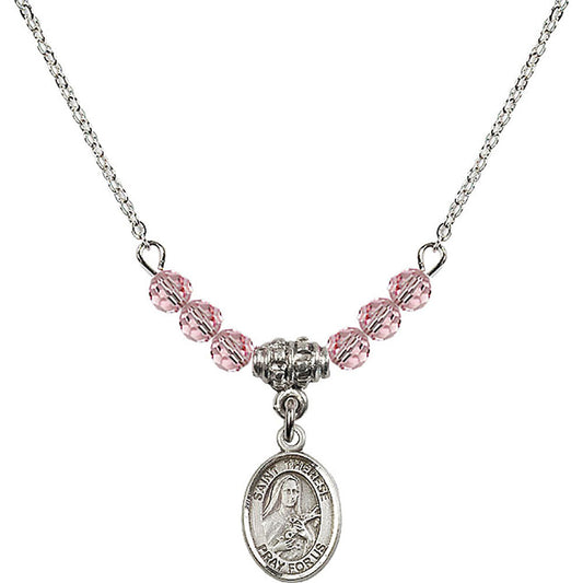 Sterling Silver Saint Therese of Lisieux Birthstone Necklace with Light Rose Beads - 9210