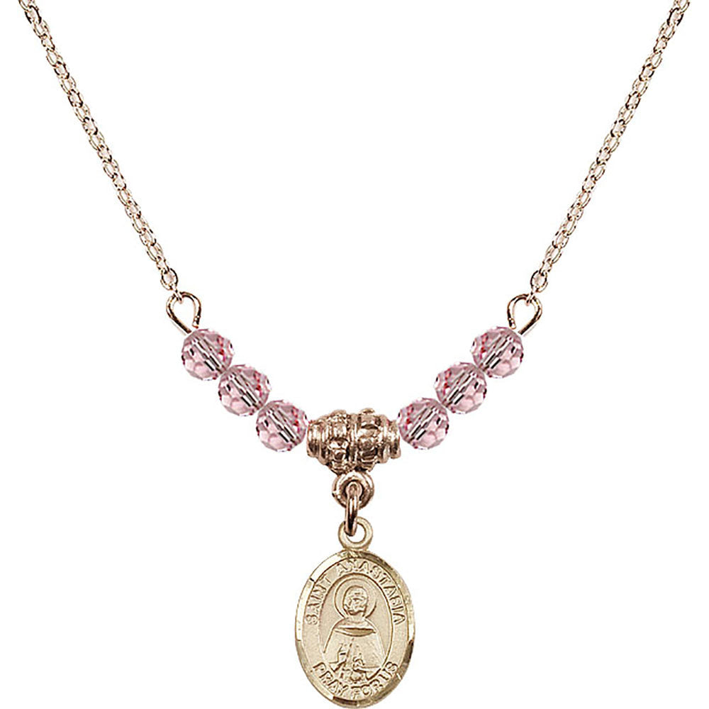 14kt Gold Filled Saint Anastasia Birthstone Necklace with Light Rose Beads - 9213