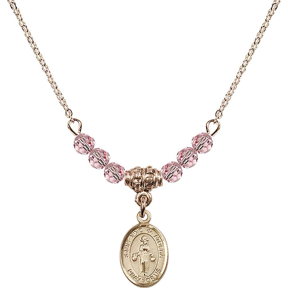 14kt Gold Filled Saint Nino de Atocha Birthstone Necklace with Light Rose Beads - 9214