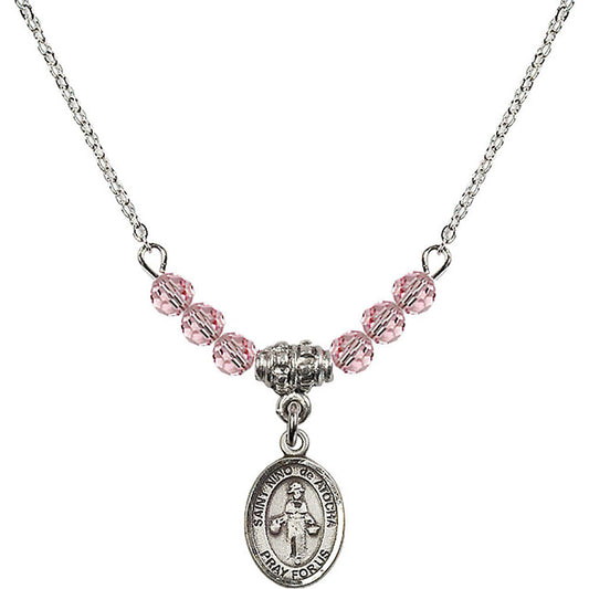 Sterling Silver Saint Nino de Atocha Birthstone Necklace with Light Rose Beads - 9214