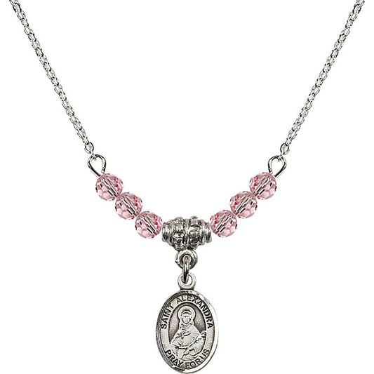 Sterling Silver Saint Alexandra Birthstone Necklace with Light Rose Beads - 9215