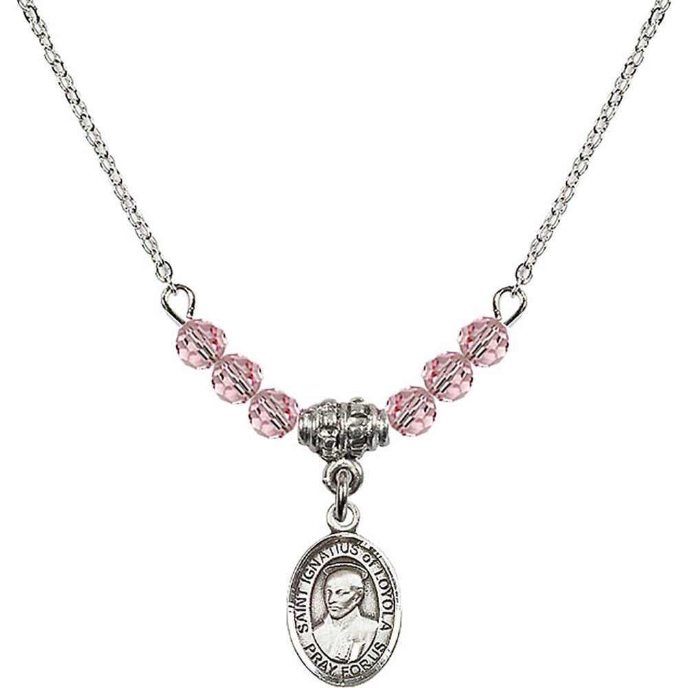 Sterling Silver Saint Ignatius of Loyola Birthstone Necklace with Light Rose Beads - 9217