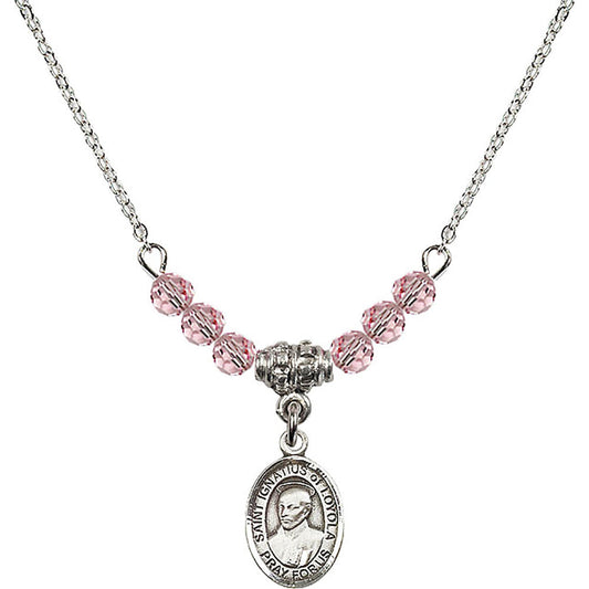 Sterling Silver Saint Ignatius of Loyola Birthstone Necklace with Light Rose Beads - 9217