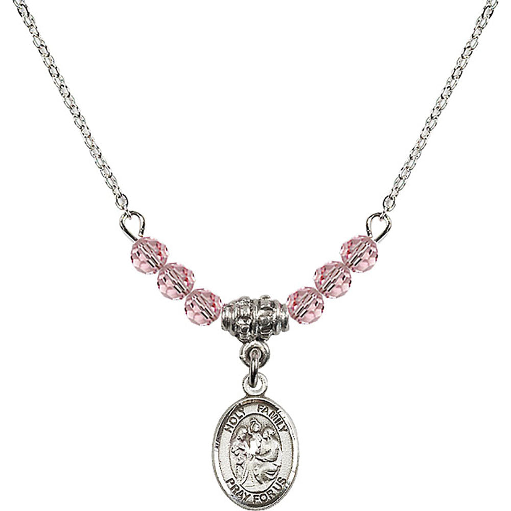 Sterling Silver Holy Family Birthstone Necklace with Light Rose Beads - 9218