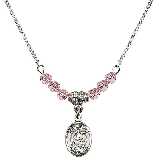 Sterling Silver Holy Family Birthstone Necklace with Light Rose Beads - 9218