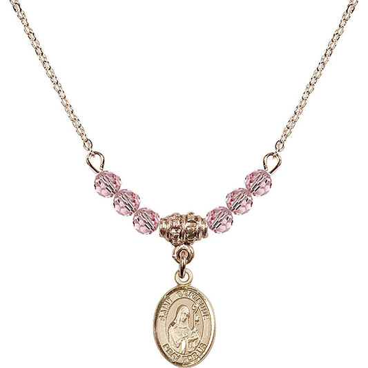 14kt Gold Filled Saint Gertrude of Nivelles Birthstone Necklace with Light Rose Beads - 9219