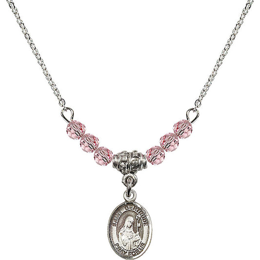 Sterling Silver Saint Gertrude of Nivelles Birthstone Necklace with Light Rose Beads - 9219