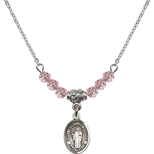 Sterling Silver Saint Joseph the Worker Birthstone Necklace with Light Rose Beads - 9220
