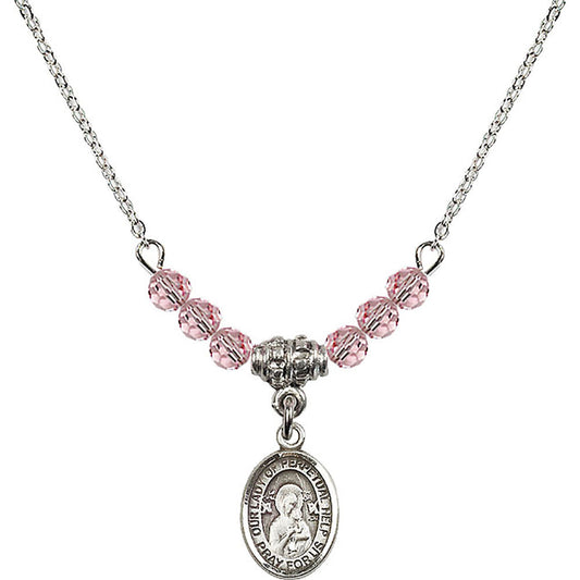 Sterling Silver Our Lady of Perpetual Help Birthstone Necklace with Light Rose Beads - 9222